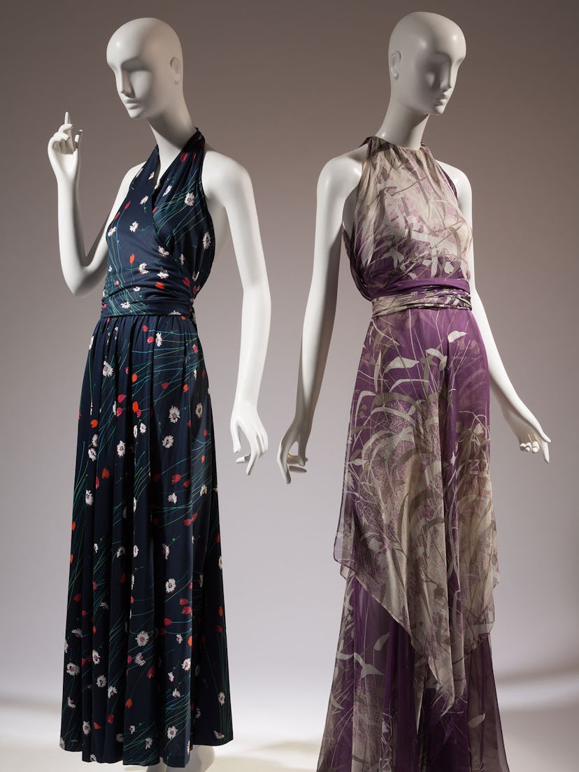 Halston printed knit cotton dress, c.1976, USA; and Yves Saint Laurent printed silk chiffon dress, 1...