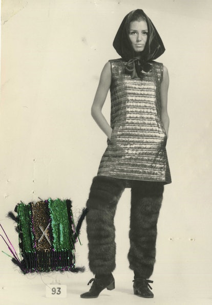 Balenciaga quilted lamé tunic and fur pants from 1967