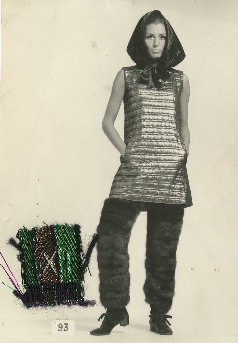 Balenciaga quilted lamé tunic and fur pants from 1967