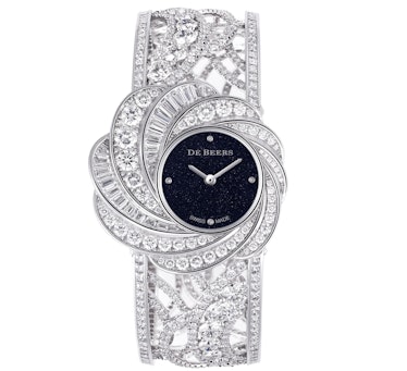 De Beers 18k white gold and diamond cuff watch