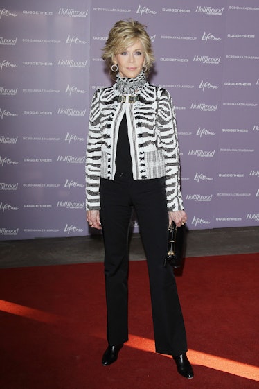 Jane Fonda wearing black and white