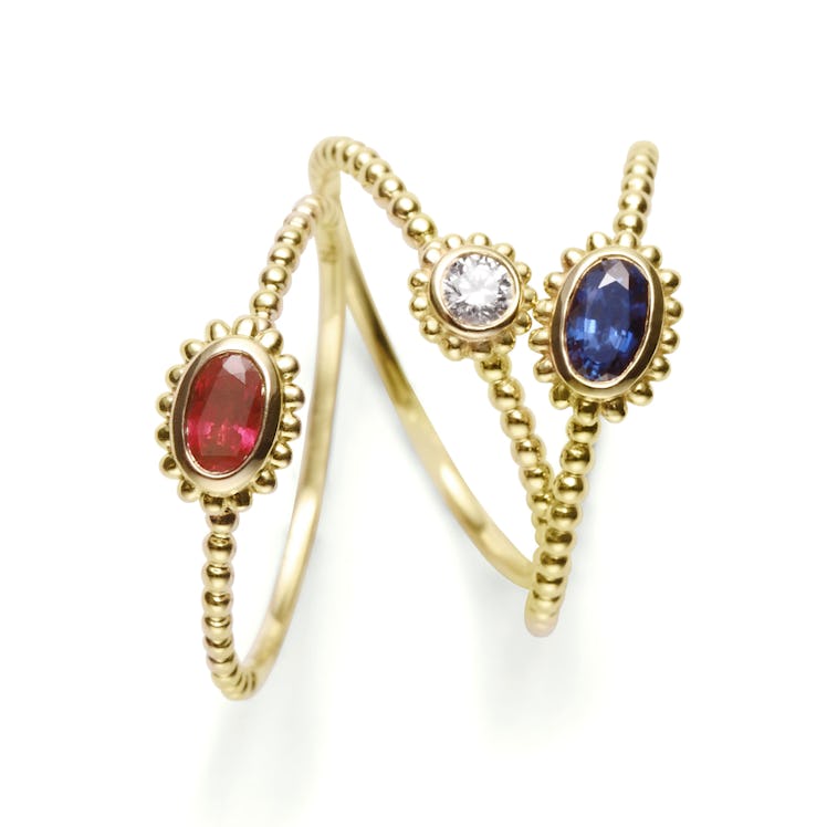 Lagos 18K gold, sapphire, ruby, and diamond rings
