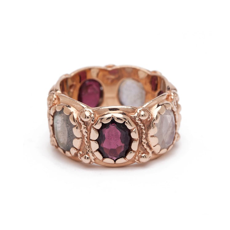 Arik Kastan 14K rose gold, Labradorite, moonstone, and garnet ring