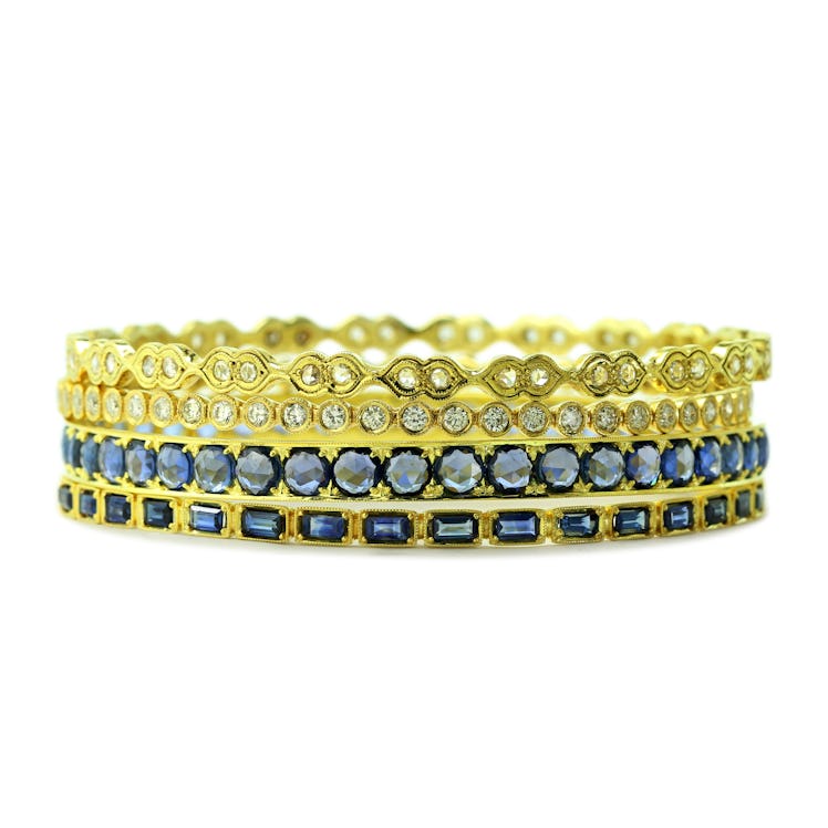 Ila collection 14k recycled yellow gold, diamond and blue sapphire bangles