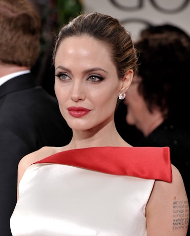 Angelina Jolie wearing a white and red dress