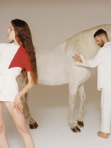 Simon Porte Jacquemus, with Baco the horse and the model Hayett McCarthy, in Paris