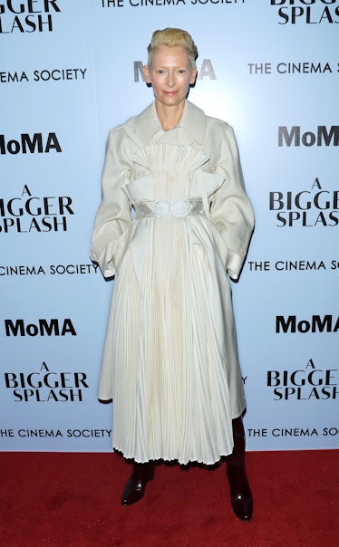 Tilda Swinton wearing a white Maison Margiela dress at the screening of 'Bigger Splash'