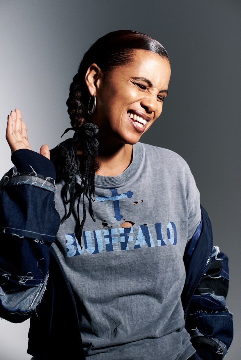 Neneh Cherry, in London, wearing an original Buffalo T-shirt by Ray Petri and a Christopher Shannon ...