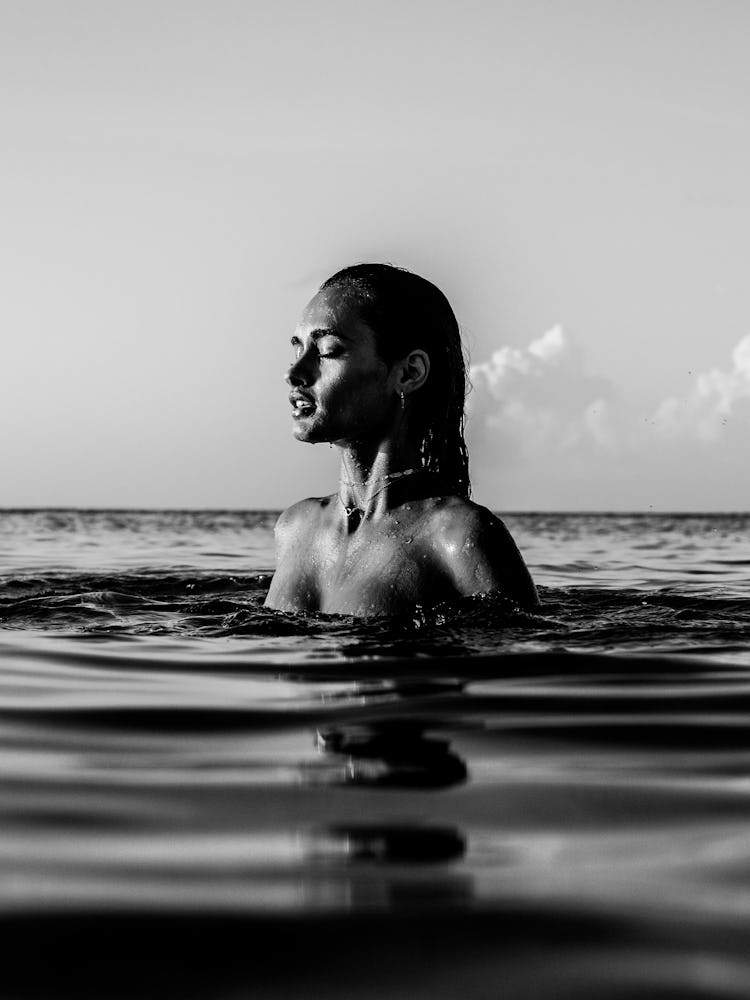 A model posing in a pool for a series of photos from “Fyre Cay” in the Bahamas promoting the Fyre Fe...