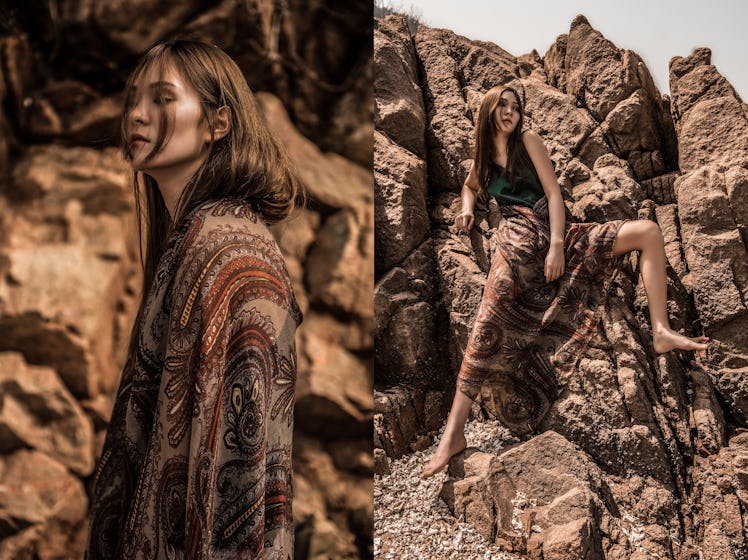 A collage of a woman standing in a brown dress and her posing on a rocky site by Lee Yeong Mo