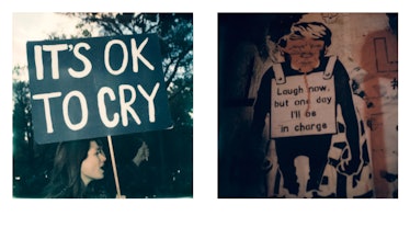 A two-part collage with protest signs by Micol Sabbadini