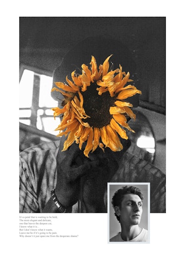 A man in a shirt with a 3D sunflower covering his face by Sang Woo Kim