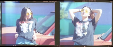 A two-part collage of a woman in a black T-shirt leaning on a red car by Salim Garcia