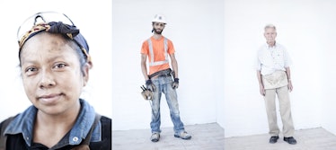 A three-part collage with three people in their work uniforms by Van Sarki