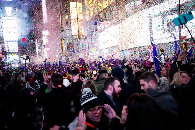 People gathered on Times Square for celebration of New Year's Eve 2017.