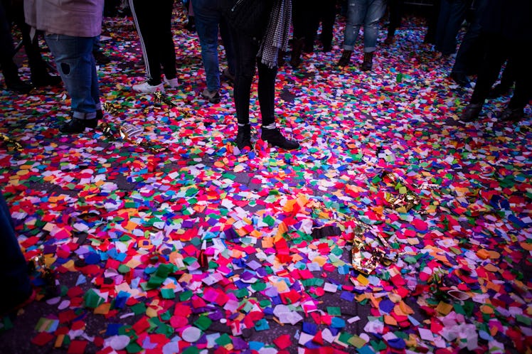 Confetti on the street during the celebration New Year's Eve 2017 in the heart of Times Square