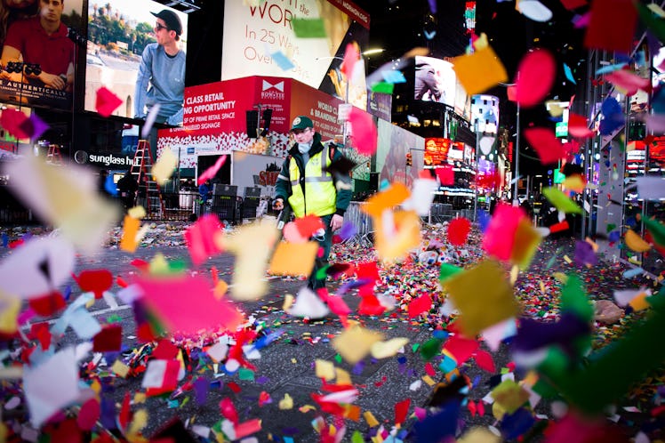 Colorful confetti flying through the air in the heart of Times Square on New Year's Eve 2017.
