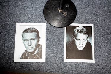Two black and white polaroids of Steve Mcqueen beside each other at W's Golden Globes party 