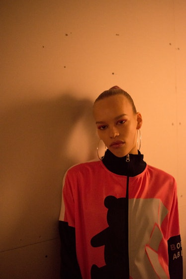 A model backstage at London Fashion Week