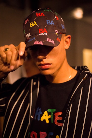 A model backstage at London Fashion Week