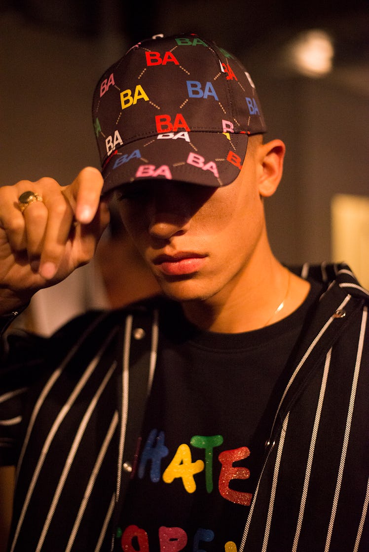 A model backstage at London Fashion Week