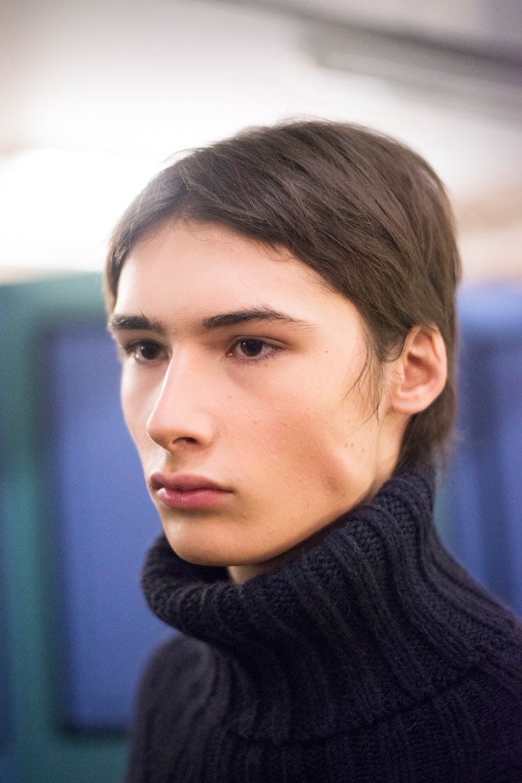 A model wearing a black knit turtleneck from J.W. Anderson’s Fall/Winter 2017 Collection.