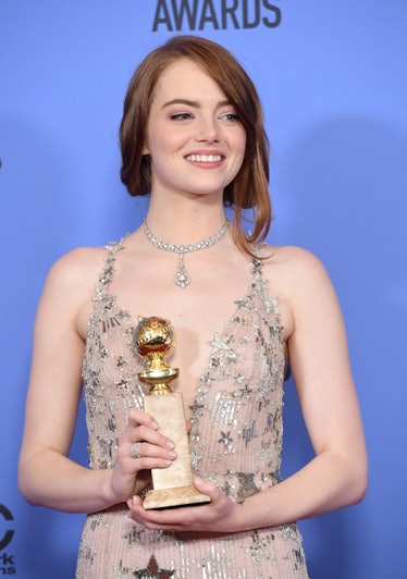 Emma Stone wearing Tiffany and Co. Archival necklace at the 2017 Golden Globes.