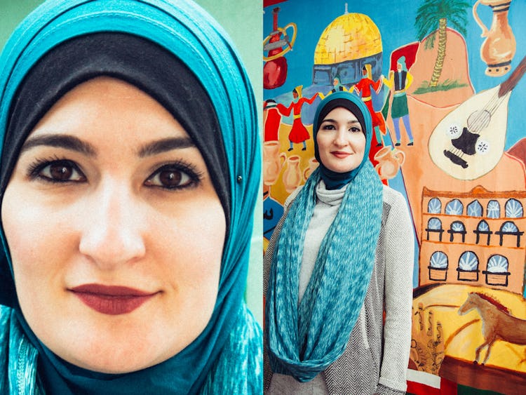 A collage with the executive director of the Arab American Association of New York, Linda Sarsour