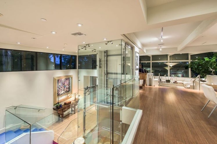Living room and elevator in Jane Fonda’s Beverly Hills mansion
