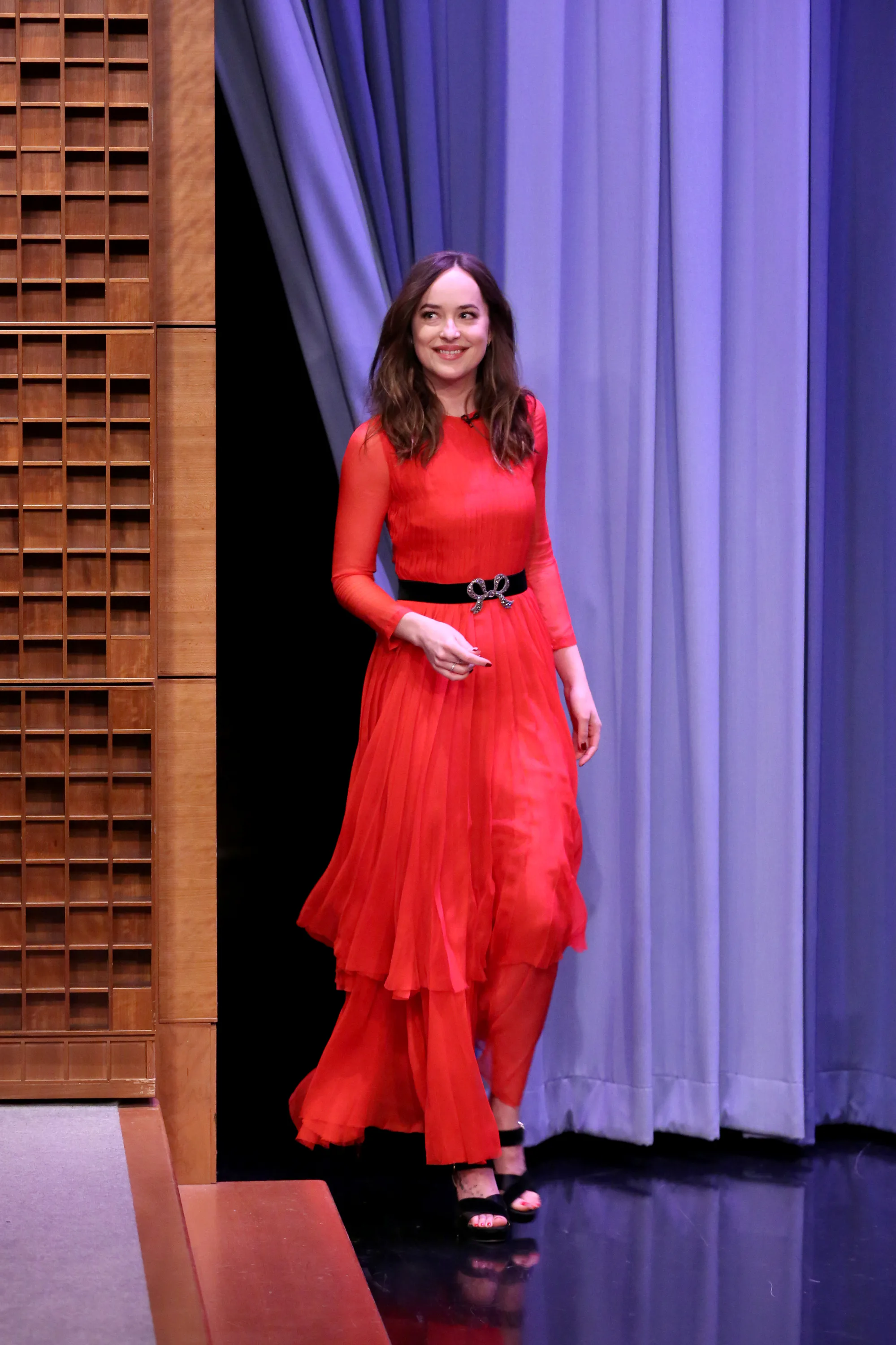 dakota johnson red dress fifty shades darker Dakota Johnson wore an Elie Saab Resort 2016 dress while in Paris to film  the Fifty Shades series  The Real My Royals