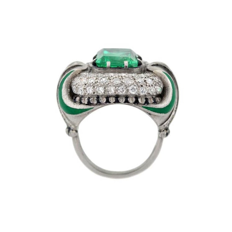 Brandt and Son, Art-Deco enameled platinum, emerald, and diamond ring
