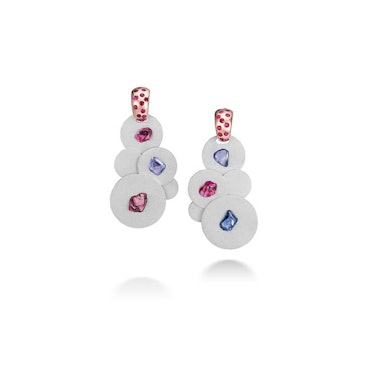 Suzanne Syz, ‘Colorful, Fun and Handsome’ earrings in aluminum and pink gold set with semi-rough spi...