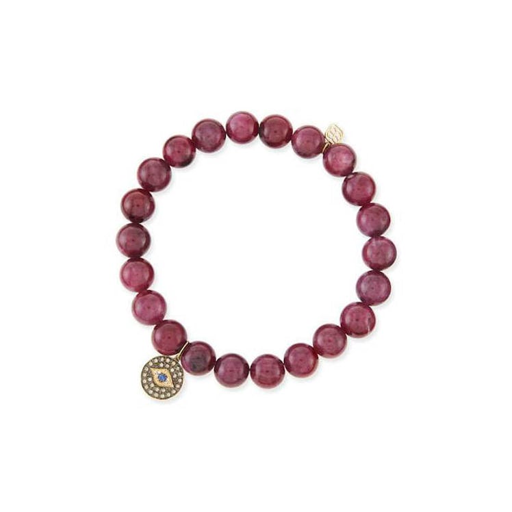 Sydney Evan, 8mm Natural Ruby Beaded Bracelet with 14k Gold/Diamond Round Evil Eye Charm