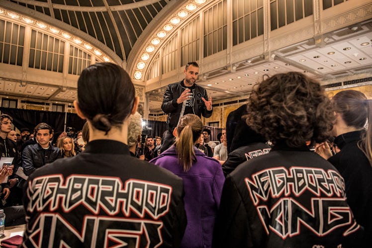 Philipp Plein addressing models backstage before his grand debut at New York Fashion Week.