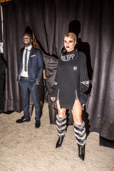 Sofia Richie in her look at the Philipp Plein Fall 2017 show before walking the runway during New Yo...