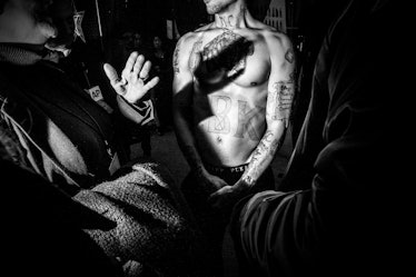 Shirtless Jeremy Meeks backstage at Philipp Plein Fall 2017