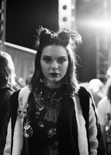 Kendall Jenner in a coat with embroidery with a double top knot at a fashion show