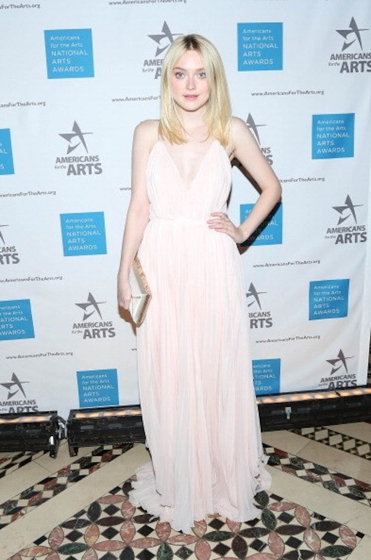 Dakota Fanning in blush dress. 