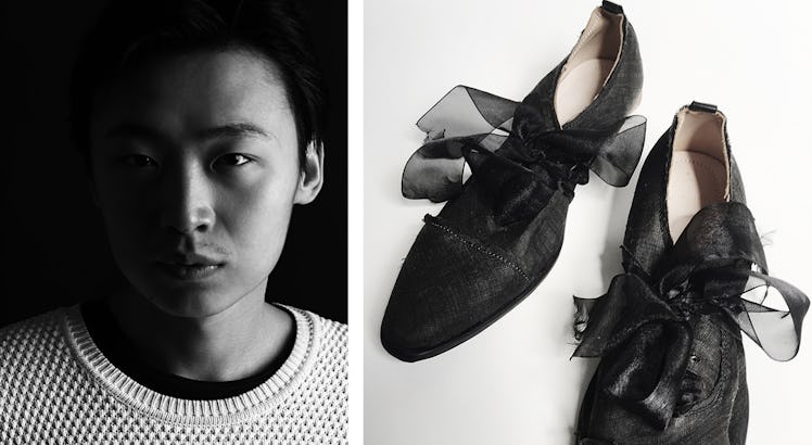 A two-part collage with Eric Qu and a pair of black shoes by Heng Shu