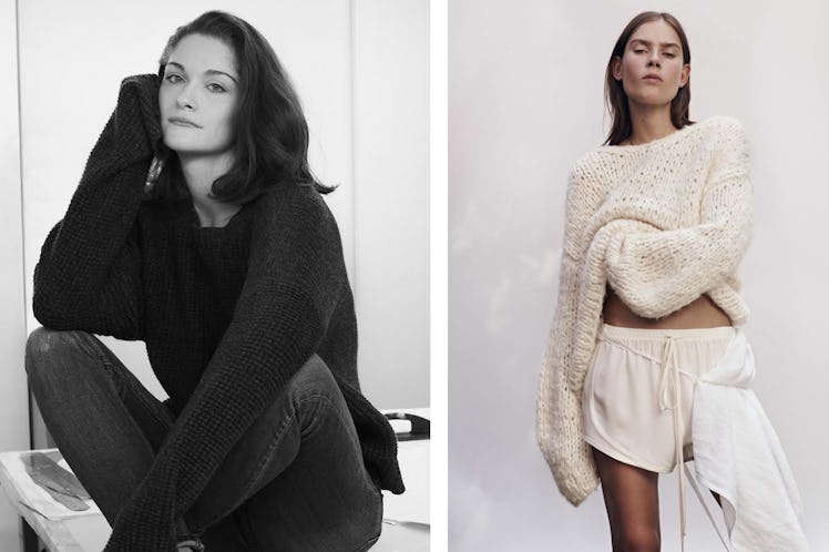 A two-part collage with Kate Wendelborn and a model a white sweater and shorts by Wendelborn