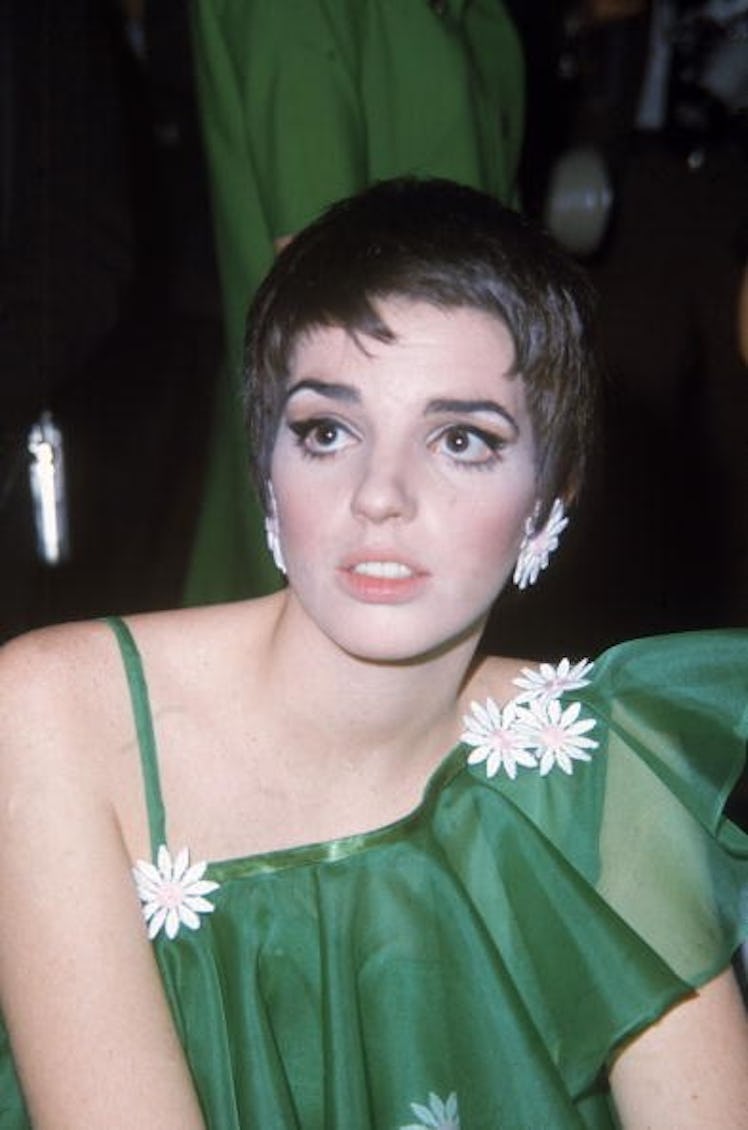 Minnelli wears a green dress embellished with white daisies 