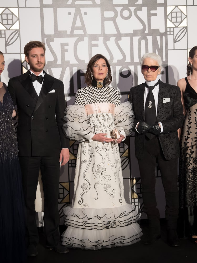 Karl Lagerfeld, Pierre, Béatrice, and Charlotte Casiraghi, and Caroline, Princess of Hanover, arrive...