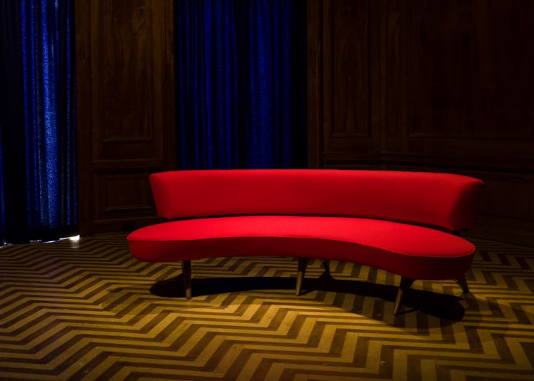A lounge with Raf Simons x Kvadrat red sofa