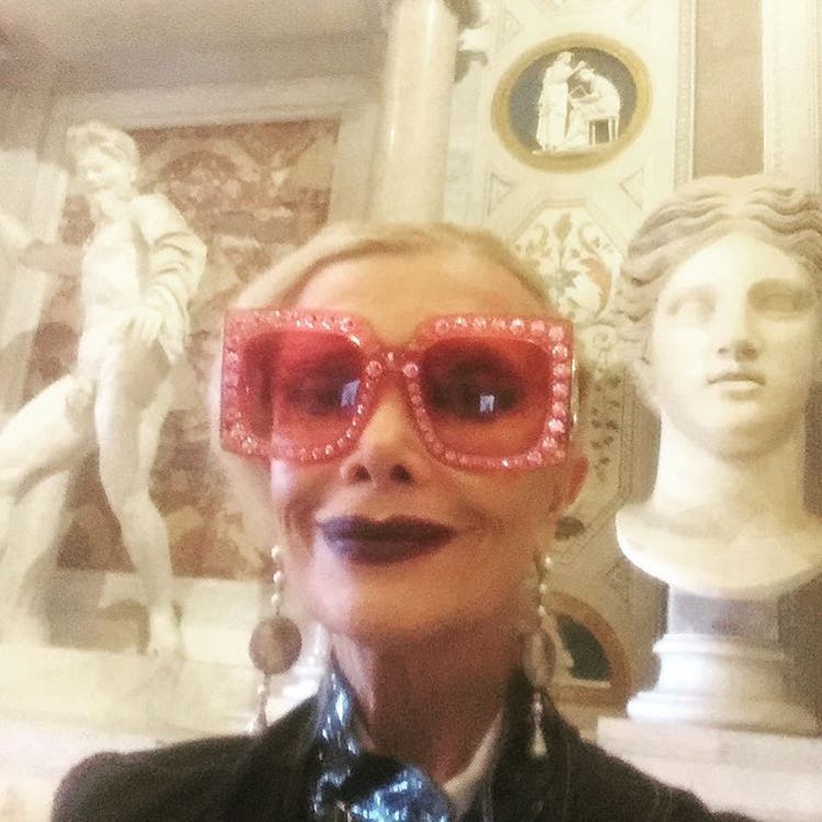 Cecilia Matteucci Lavarini in large, pink bedazzled Gucci sunglasses 