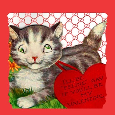A Valentine by Guccy Palace with a cross-eyed cat and " "I'll be feline" gay if you'll be my Valenti...