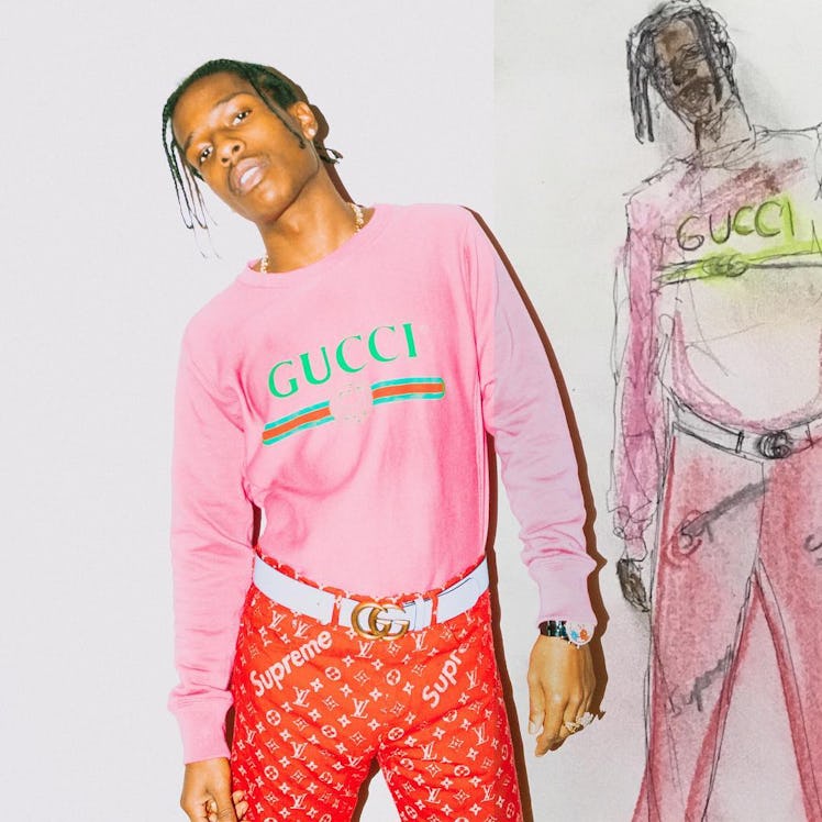 A$AP Rocky in a light pink Gucci sweater, white Gucci belt and red Supreme x Louis Vuitton pants 