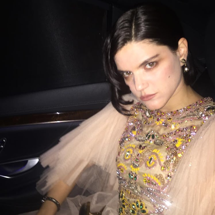 Soko in a shimmery Gucci gown with tulle sleeves 