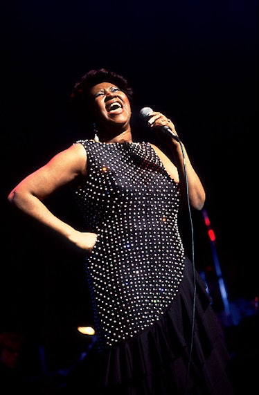 Aretha Franklin in a black beaded dress in 1986