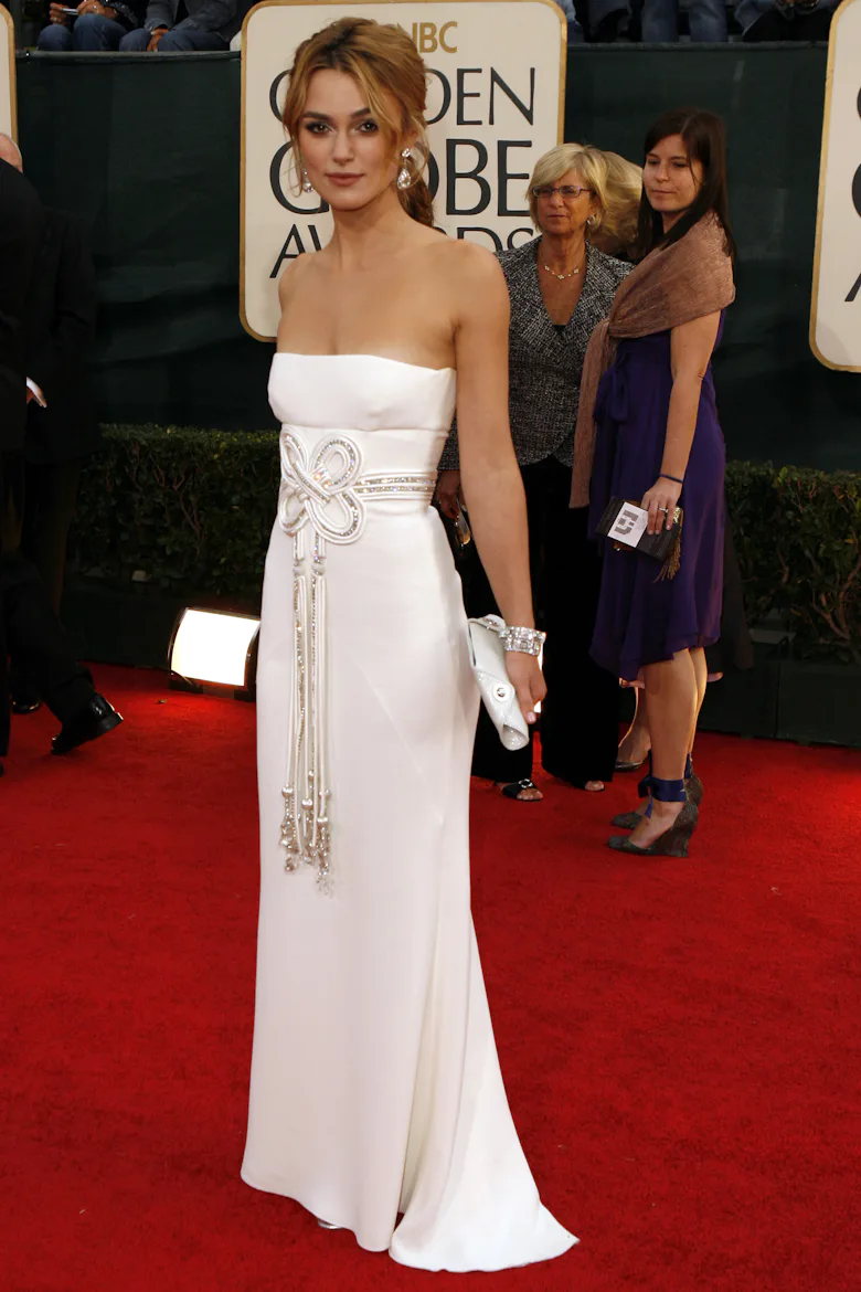keira knightley red carpet dresses Keira Knightley Wears Empire Waist Dress at the 2025 Golden Globes
