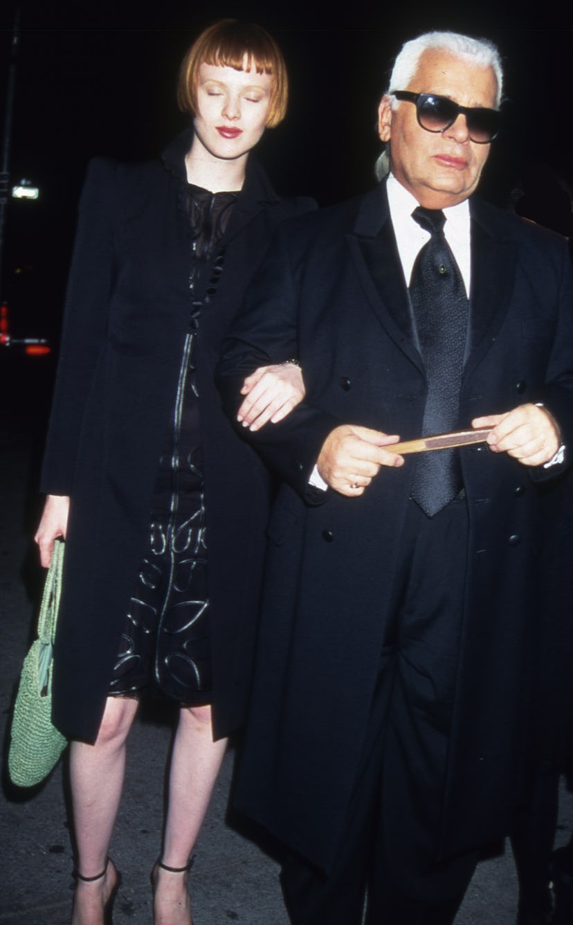 Karen Elson & Karl Lagerfeld on way to Pierre Hotel, gala, New York - 1995